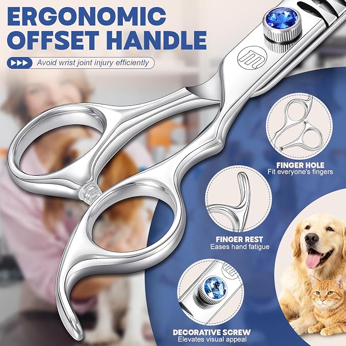 Moontay Professional Dog Grooming Straight, Curved, Thinning/Blending/Chunking Scissors Kit, JP-440C Stainless Steel Pet Cat Hair Cutting/Trimming Shears, Silver