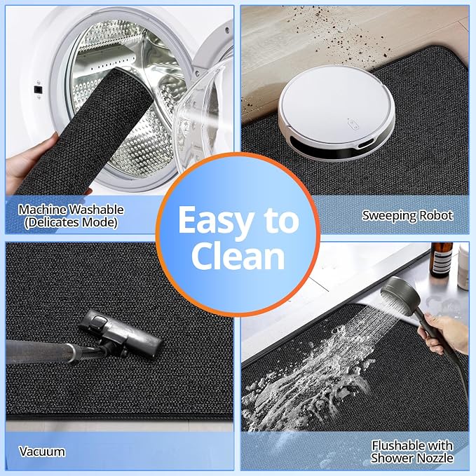 Upgraded Bath Mat 19x30Inch, Thin Bath Mats Rugs with Rubber Backing Non-Slip, Absorbent,Quick Dry Machine Washable, Home Decor Accessories Cozy Cloth Bathroom Rugs fit Under Door/Sink/Tub-Black