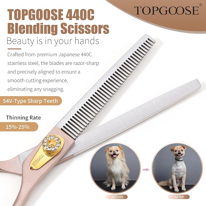 Professional Thinning Scissors for Dog Cat 7.5'' Pet Grooming Scissors 440C Stainless Steel Thinning Shears for Dogs 56 Teeth (Rose Gold, Thinner)