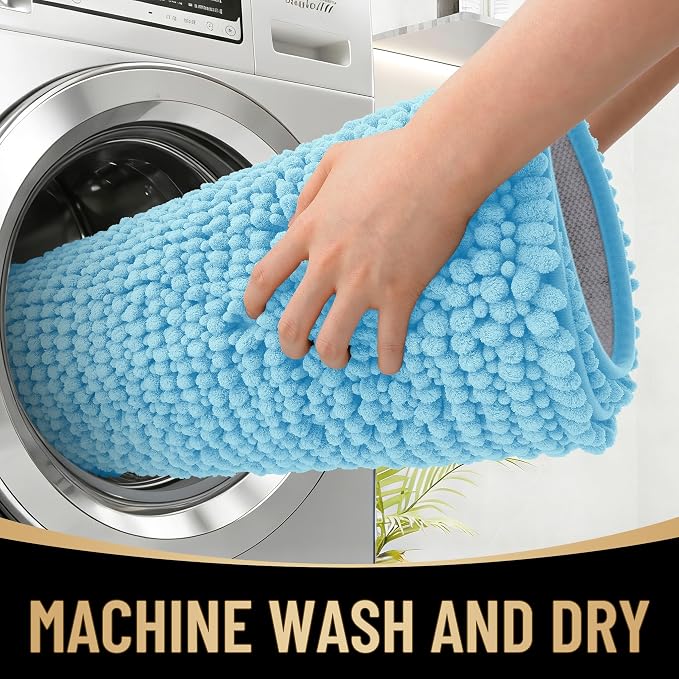 OLANLY Thick Small Bathroom Rugs 24x16, Extra Soft Absorbent Chenille Bath Rugs, Rubber Backing, Machine Wash Dry, Bath Mats for Bathroom Floor, Tub and Shower, Home Decor Accessories, Sky Blue