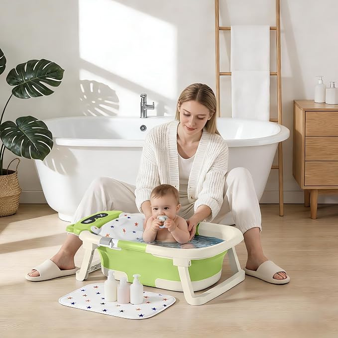 Baby Bathtub,Foldable Baby Bath Tub for Newborn to Toddler (0-18 Months) – Collapsible Infant Tub for Travel with Thermometer, Soft Cushion,Green