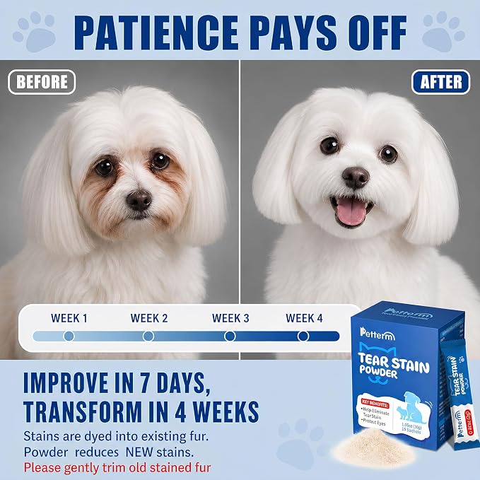 Tear Stain Remover Powder for Dogs & Cats, Probiotic Supplement, 15 Sachets | Pre-Measured Sachets, 6B Probiotics & Lactoferrin, Chicken Flavor for Picky Eaters, No Mess, Supports White Fur