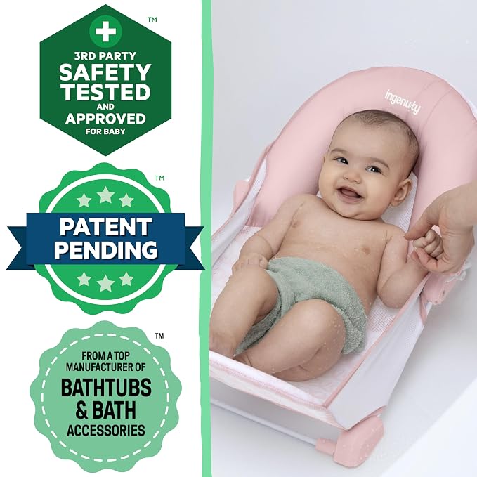 Ingenuity Foldaway 2-Position Bather,2-Position Adjustable Support Baby Bath seat for Sink or Bathtub,Ages 0-6 Months,up to 20 pounds,Pink,(Pack of 3)