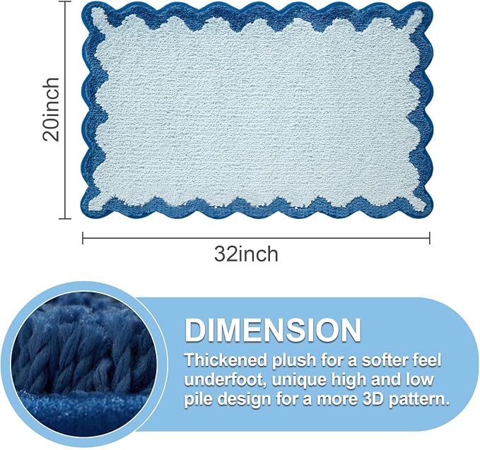 ORTIGIA Cute Blue Scalloped Bath Mat, Fun Plush Microfiber Scallop Bathroom Rugs Non Slip Washable Quick Dry Absorbent, Bathmat Bath Rug Carpet for Shower Stall Vanities Kitchen Floor Entrance, 20x32