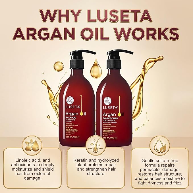 Luseta Argan Oil Shampoo & Conditioner Set for Dry Damaged Hair, 2 * 16.9oz | Smoothing & Thickening for Fine Hair, Anti-Frizz Care, Helps Smooth Strands, Provides Nourishment, Sulfate Free