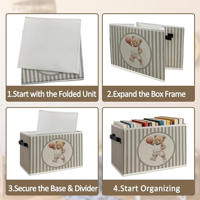 Basketball Bear Nursery Foldable Storage Bins Box with Handles, Neutral Striped Basketball Player Bear Collapsible Organizer Basket for Boys Kids Bedroom Bathroom Playroom Clothes Books