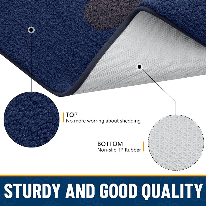 Smiry Dog Door Mat for Muddy Paws, Absorbs Moisture and Dirt, Low-Profile Entryway Mat with Non-Slip Backing, Entry Indoor Outdoor Doormat for Inside Floor (36x24 Inches, Navy Blue, Paw)