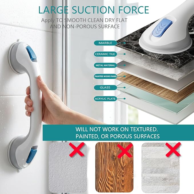 Grab Bars for Bathtubs and Showers, Suction Cup Shower Handle, Removable No Drill Bathroom Safety Assist Grip, Tool Free Install for Seniors and Adults, Shower, Tub, Toilet, RV, 1 Pack