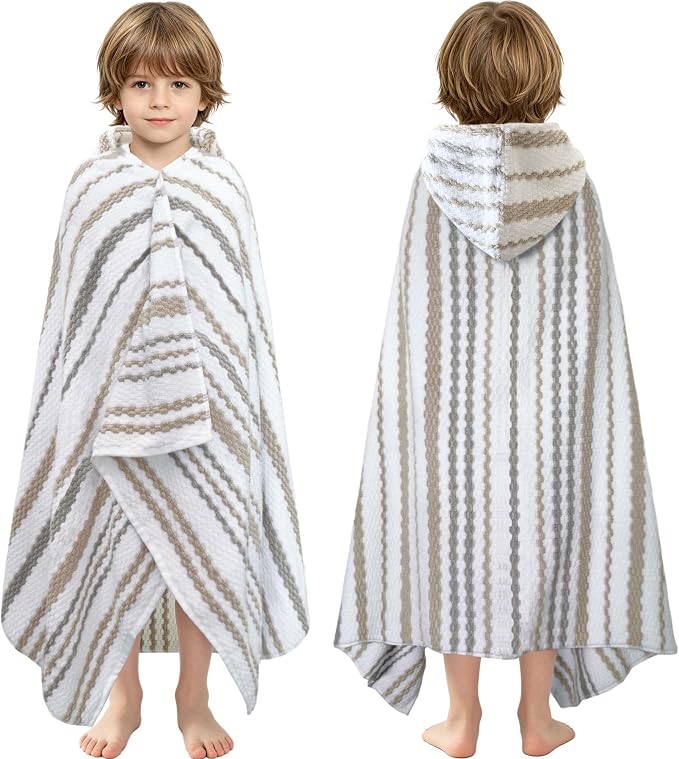 VOOVA & MOVAS Hooded Bath Towels for Kids | Soft Absorbent 100% Cotton Thick Towel Wrap | Versatile Beach, Pool, Swim & Bath Cover-Up | White Brown Grey Multi Vertical Stripe
