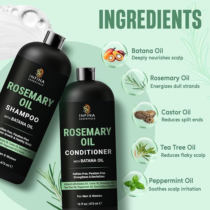 Rosemary Shampoo and Conditioner Set for Hair Growth with Batana Oil, 16 oz | Sulfate-Free with Castor Oil, Biotin, Peppermint Oil for Hair Growth and Thickness, Men and Women, by INFINA ESSENTIALS