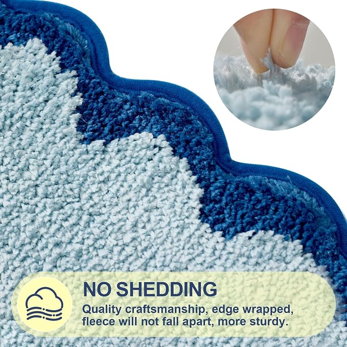 ORTIGIA Small Blue Scalloped Bath Mat, Cute Plush Microfiber Scallop Bathroom Rugs Non Slip Washable Quick Dry Absorbent, Bathmat Carpet for Shower Stall Vanities Kitchen Floor Entrance, 17x24