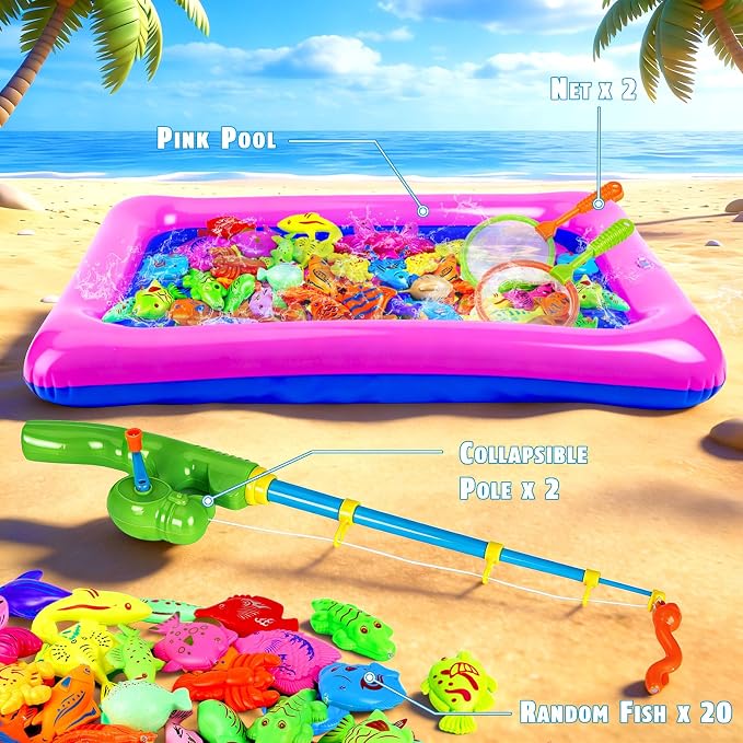 CozyBomB™ Magnetic Fishing Toys Game Set for Kids | Water Table Bathtub Kiddie Pool Party Pole Rod Net, Outdoor Plastic Floating Fish, Toddler Bath Color Ocean Sea Animals Birthday Gift Age 3-5 6 4-8