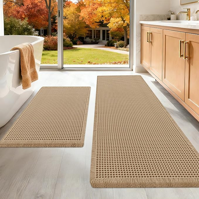 Upgraded Waffle Bath Mat Set 2 Piece Beige, Super Absorbent Non-Slip Quick Dry Bathroom Rugs with Tassels, Machine Washable Ultra Soft Boho Bath Rugs for Floor, Toilet Mats Boho Farmhouse Decor