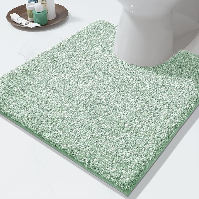 Yimobra Toilet Rugs U Shaped Washable, Soft Absorbent Microfiber Bathroom Rugs, Non Slip Quick Drying Shaggy Bath Mat,Contour Bathroom Mats for Toilet Base, Home Essentials,24x20,Green and White