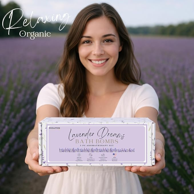 EvolutionUSA 3 Lavender Dreams Bath Bombs for Women – Organic Flower Bath Bombs, Soft Lavender Bath Fizzers, Womens Bath Gift Valentines or Easter, Beautiful Bath for Girls, Mothers Day