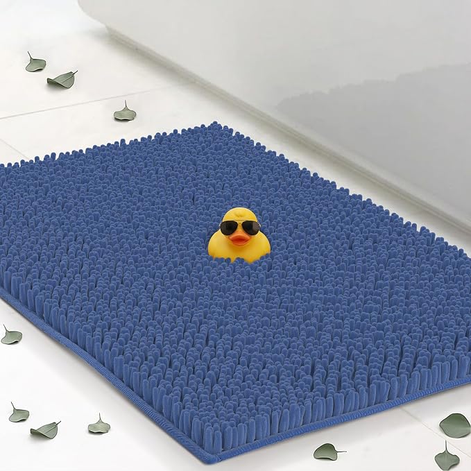 ITSOFT Small Plush Bathroom Rug 25"x18", Absorbent Machine Washable Non Slip Chenille Bath Mats, Quick Dry Bathmat, Bath Rugs for Bath, Shower, Bedroom, or Door Mat, Dark Blue