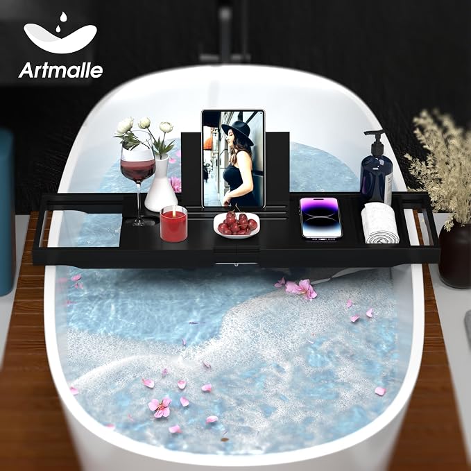 Artmalle Foldable Bathtub Tray Table, Bamboo Bathtub Caddy Tray for Tub with Book Holder for Luxury Bath, Bathroom Accessories for Women Men with Free Soap Dish (Semi-Simple, Black)