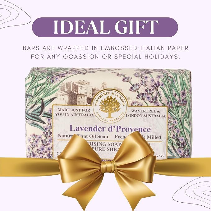 Wavertree & London Lavender Scented Natural Soap Bars (Pack of 2), 7oz Moisturizing French Triple Milled Soap Bars enriched with shea butter - Pure Plant Oil Bath & Body Bar for All Skin Types