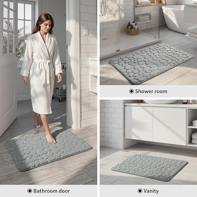 YIHOUSE Memory Foam Runner Rug, Cobblestone Bathroom Runner Rugs Super Water Absorbent Bath Mats for Bathroom Machine Washable Bath Rugs for Hallway Bedroom Laundry Room(24 x 47,Light Gray)