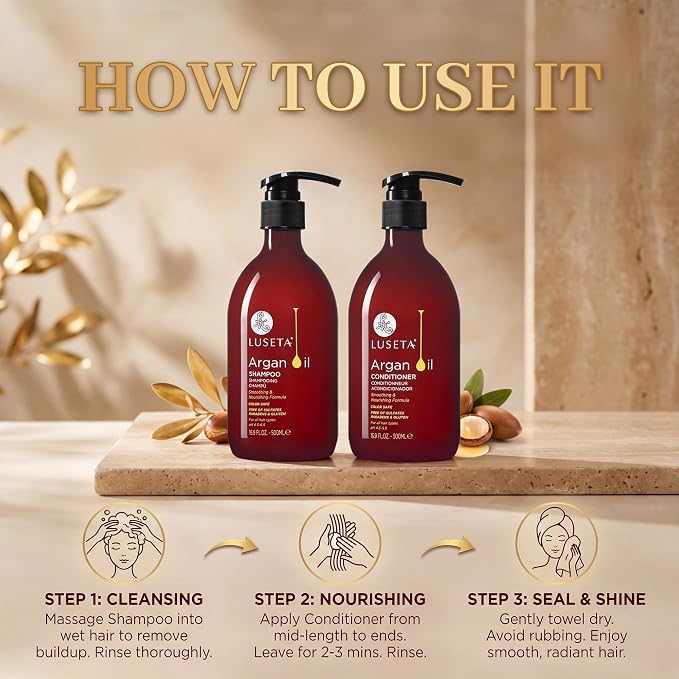 Luseta Argan Oil Shampoo & Conditioner Set for Dry Damaged Hair, 2 * 16.9oz | Smoothing & Thickening for Fine Hair, Anti-Frizz Care, Helps Smooth Strands, Provides Nourishment, Sulfate Free