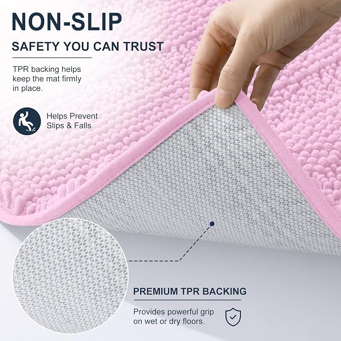 Smiry Thick Chenille Bathroom Rugs 30x20, Extra Soft Absorbent Striped Bath Mat, Machine Washable, Rubber Backing, Bath Rugs for Bathroom, Tub & Shower, Modern Home Decor Accessories, Pink