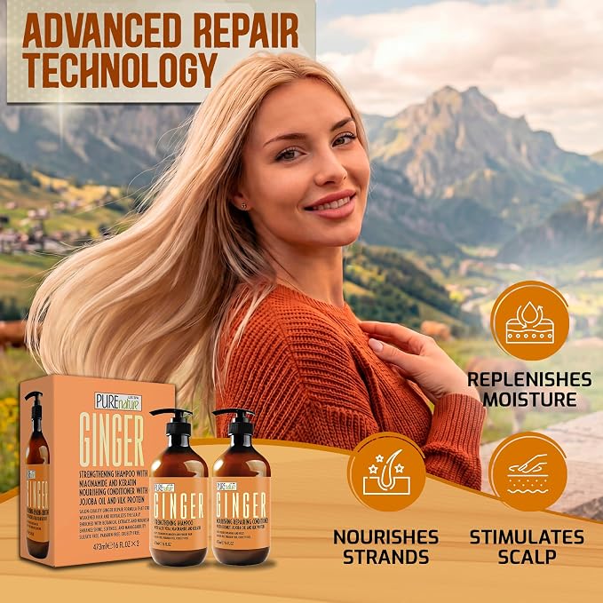 Ginger Shampoo and Conditioner Set - Sulfate Free, Zero Paraben Blend - Scalp Stimulating Treatment - Anti Itch, Volumizing, Salon Strengthening - Repair Hair for Women and Men - 16 Fl Oz (Set of 2)