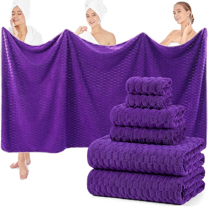 SmoothNovelty Set of 6 Extra Large Bath Towel 40x80 Inches Oversized Bath Sheet 2 Shower Towels 2 Hand Towels 2 Washcloths for Adult Absorbent Quick Dry Bathroom Spa Gym(Cloud Texture,Purple)