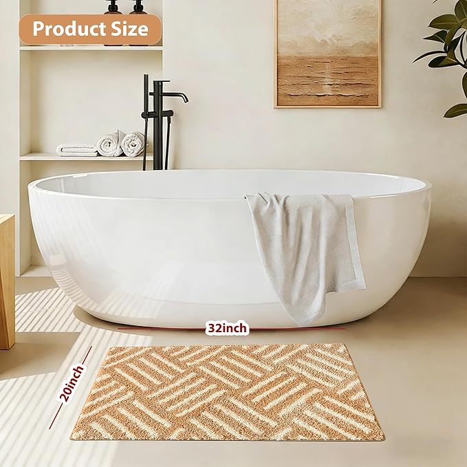 ORTIGIA Striped Khaki Bathroom Rugs Non Slip Washable, 20x30 Quick Dry Absorbent Soft Plush Microfiber Bath Mats, Bath Rugs for Bathroom Floor Carpet for Sink Bedroom