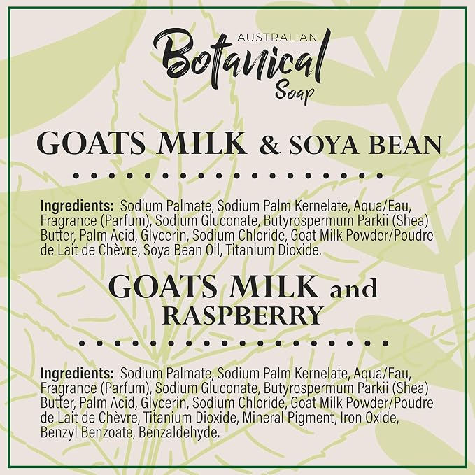 Australian Botanical Soap, Classic Goat Milk and Goat's Milk with Raspberry, 6.6 OZ, Triple Milled Bars made with Enriched with Organic Shea Butter, Pack of 8