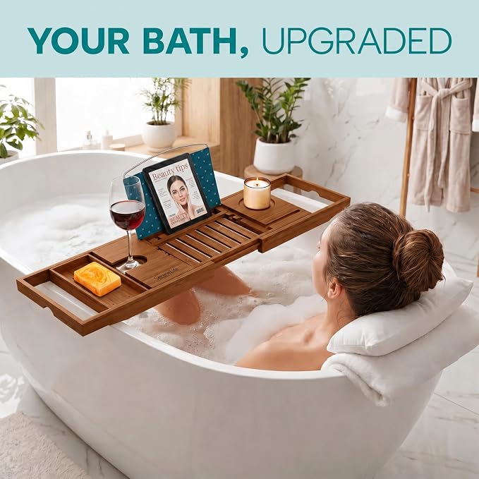 SereneLife Premium Bathtub Tray Caddy with Gift Box and Bow Set, Expandable Bath Tray, Unique House Warming Gifts for Mom, Women, Wedding, Anniversary, Bridal Shower, Fit for All Tub - Brown, Gift Set