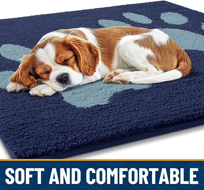Smiry Dog Door Mat for Muddy Paws, Absorbs Moisture and Dirt, Low-Profile Entryway Mat with Non-Slip Backing, Entry Indoor Outdoor Doormat for Inside Floor (59x24 Inches, Dark Blue, Paw)