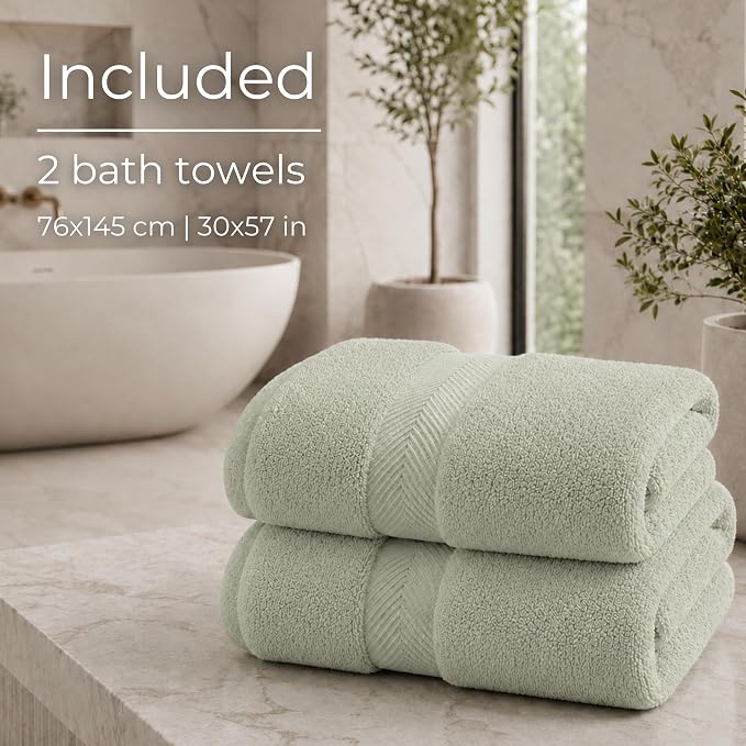 Viscose from Bamboo Bath Towels Set of 2 - Extra Plush 700 GSM Quick Dry Cotton Blend for Luxury Bathroom Comfort - Super Soft, Large, Absorbent - Eucalyptus