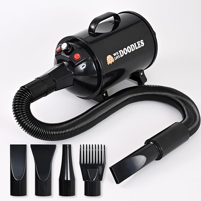 We Love Doodles Dog Dryer with Adjustable Speed & Temperature Control - High Velocity Hair Dryer, Pet Hair Dryers for Dogs, Blow Dry Quickly & Blow Out Undercoat - Grooming (Black)