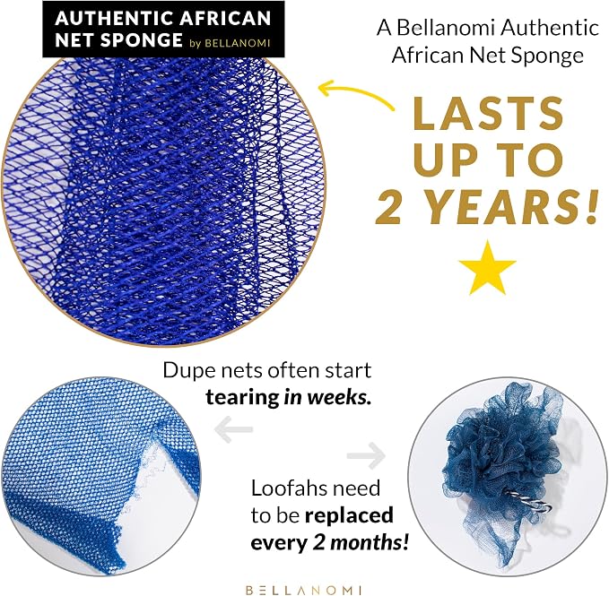 BELLANOMI African Exfoliating Net Sponge, Authentic, Ethically sourced from Nigeria, 45 inches Long, Back Scrubber for Daily use (Blush)