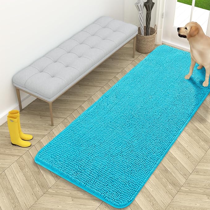 OLANLY Dog Door Mat for Muddy Paws 59x24, Absorbs Moisture and Dirt, Absorbent Non-Slip Washable Doormat, Quick Dry Chenille Mud Mat for Dogs, Entry Indoor Entryway Carpet for Inside Floor, Aqua Blue