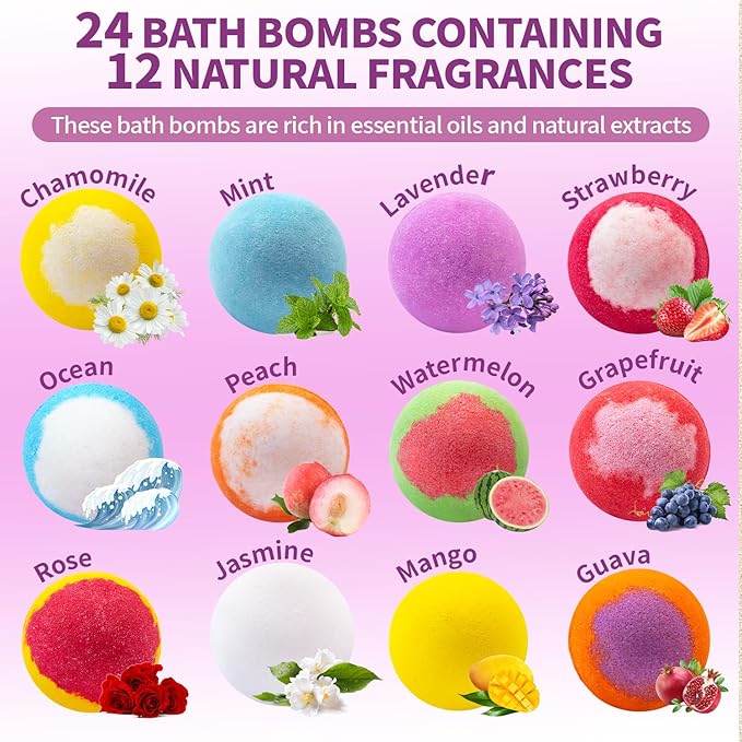 Bath Bombs for Women & Men, 24-Pack Handmade Natural & Organic Essential Oil Bath Bomb, Easter Basket Stuffers for Adults, Spa Relaxing Birthday Gifts for Wife Girlfriend Coworkers