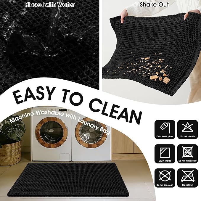 Accumtek Extra Large Waffle Bath Mat, 6'x2' Black, Super Absorbent Non-Slip Quick Dry Bathroom Rugs with Tassels, Machine Washable Ultra Soft Boho Bath Rugs for Floor, Toilet Mats Boho Farmhouse Decor