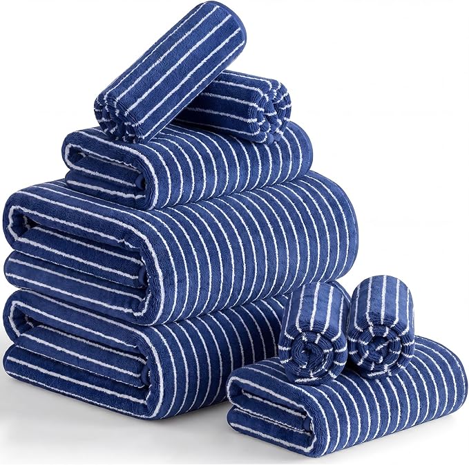 8 Pcs Oversized Bath Towels Set for Adults 40 x 80 Inches Extra Large Blue & White Striped Beach Towels Sheets Pool Shower Quick Jumbo Dry Absorbent Soft Microfiber for Hotel Bathroom