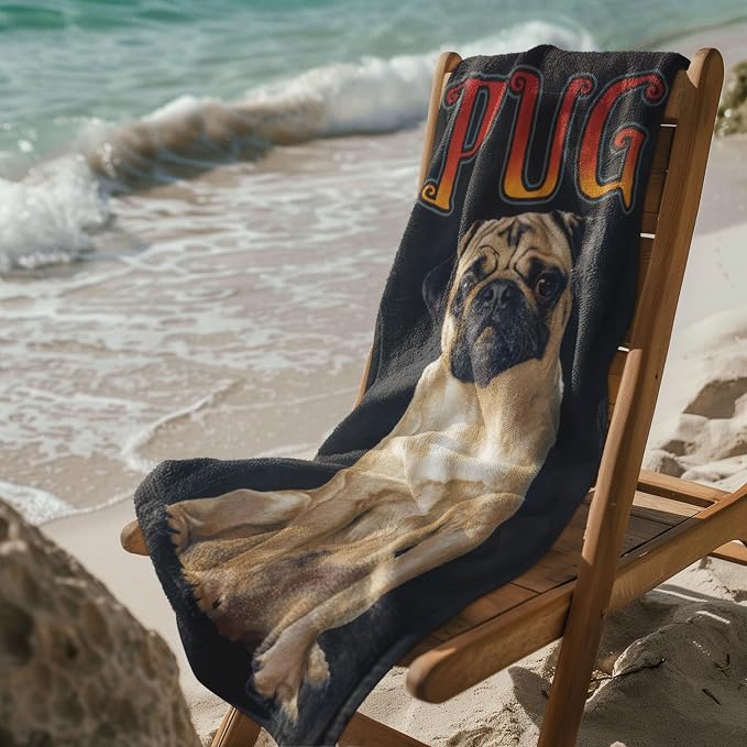 Pug Beach Towel 30”x60” – 100% Cotton Velour, Highly Absorbent, Fast Drying, Easy Pack for Spring Break, Vacation, Beach, Pool, or Sunbathing – Lightweight, Compact for Travel – Cute Pet Novelty Gift