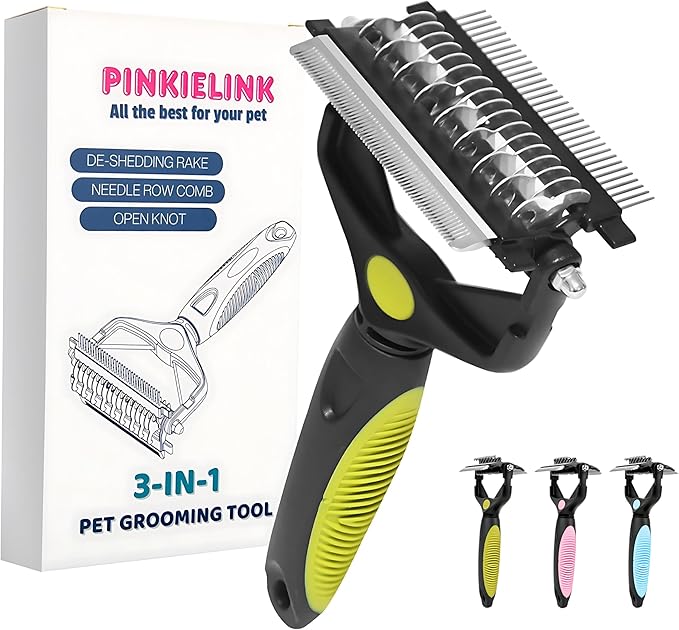 3-IN-1 Pet Grooming Tool - Undercoat Rake, Dematting Comb & Deshedding Brush for Cats, Dogs, Horses - Removes Mats, Tangles & Loose Fur, Reduces Shedding & Prevents Hair Mess (Green)
