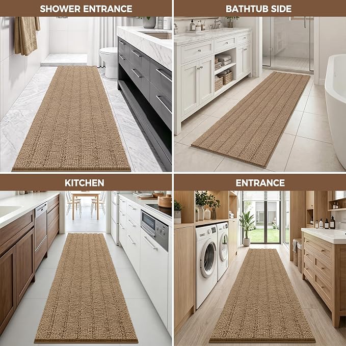 Bcoimo Long Bathroom Rug, Chenille Bath Runner with High Low Pile Design, Soft Absorbent Non Slip Bath Mat, Machine Washable Quick Dry Rug for Shower, Tub, Sink and Vanity