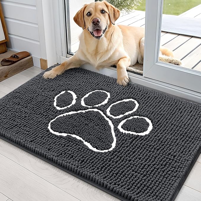 OLANLY Dog Door Mat for Muddy Paws 36x24, Paw Print Design, Absorbs Moisture and Dirt, Absorbent Non-Slip Washable Doormat, Quick Dry Chenille Mud Mat for Dogs, Entry Indoor Entryway Carpet, Dark Grey
