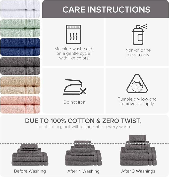 Comfort Spaces 6 Pc Towel Set, 100% Cotton Zero Twist, Dark Grey | Zero Twist Cotton, Quick Dry Ultra Soft, 2 Bath 2 Hand 2 Washcloth, Absorbent Lightweight Towels for Everyday