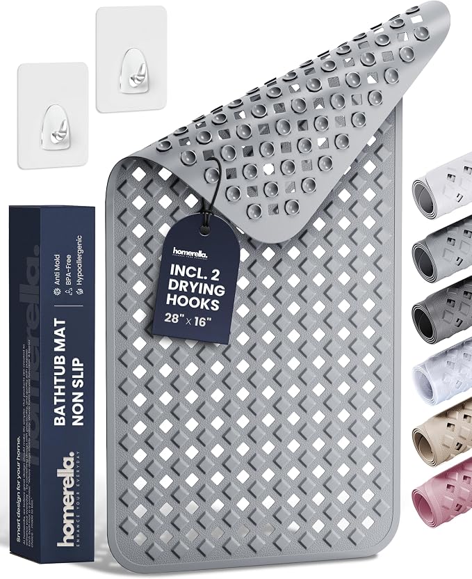 Bathtub Mat Non Slip 28x16 - homerella® Bath Mat Incl. Hooks for Drying, 100% BPA Free, Shower Mat Non Slip Anti Mold, Machine Washable, Shower Mats for Inside Shower Mildew Resistant (Grey)