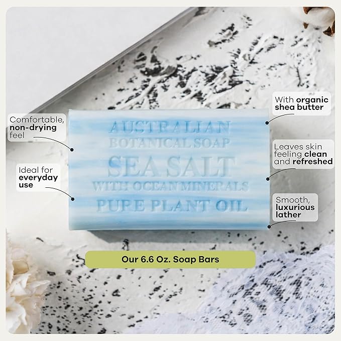 Australian Botanical Soap, 6.6 OZ, Sea Salt and Ocean Minerals, Triple Milled Bars made with a Natural Soap Base and Enriched with Organic Shea Butter, Pack of 8