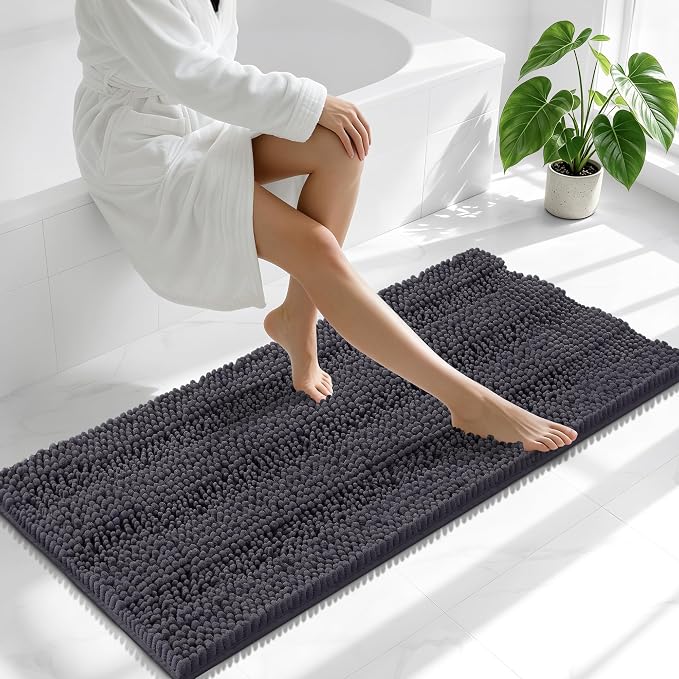 Smiry Thick Chenille Bathroom Runner Rugs 47x20, Extra Absorbent Striped Bath Mat, Machine Washable, Rubber Backing, Long Bath Rugs for Tub & Shower, Modern Home Decor Accessories, Dark Grey