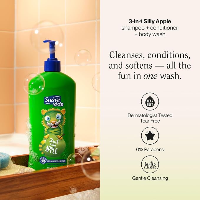 Suave Kids 3 in 1 Shampoo, Conditioner & Body Wash Silly Apple, Gentle Tear-Free Formula for Kids’ Hair & Skin, Juicy, Fun Scent, Dermatologist Tested, 18 FL OZ Pump, 6 Count