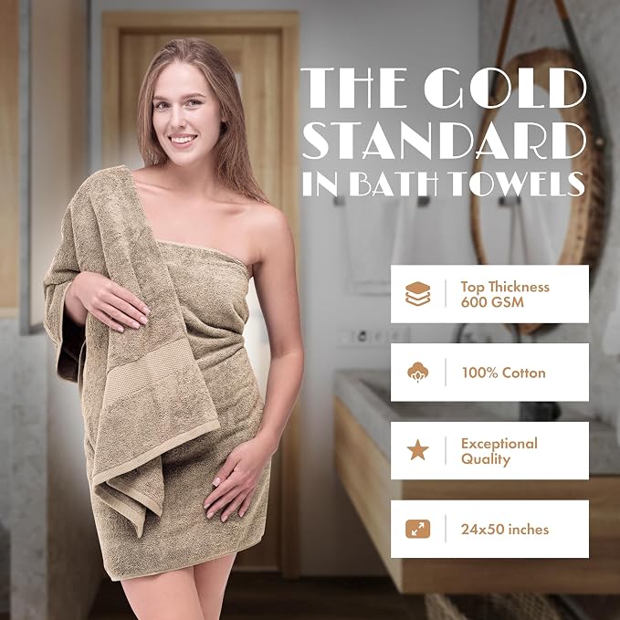 White Classic Wealuxe Taupe Bath Towels 24x50 Inch, Cotton Towel Set for Bathroom, Hotel, Gym, Spa, Soft Extra Absorbent Quick Dry 6 Pack