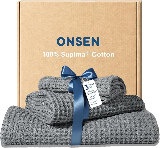 ONSEN Supima® Waffle Bath Sheet Set, Quick Dry Lint Free 100% USA Cotton, Large Bath Sheet Hand and Face Towel Bundle, 3 Piece (Cinder Grey, Bath Sheet Set)