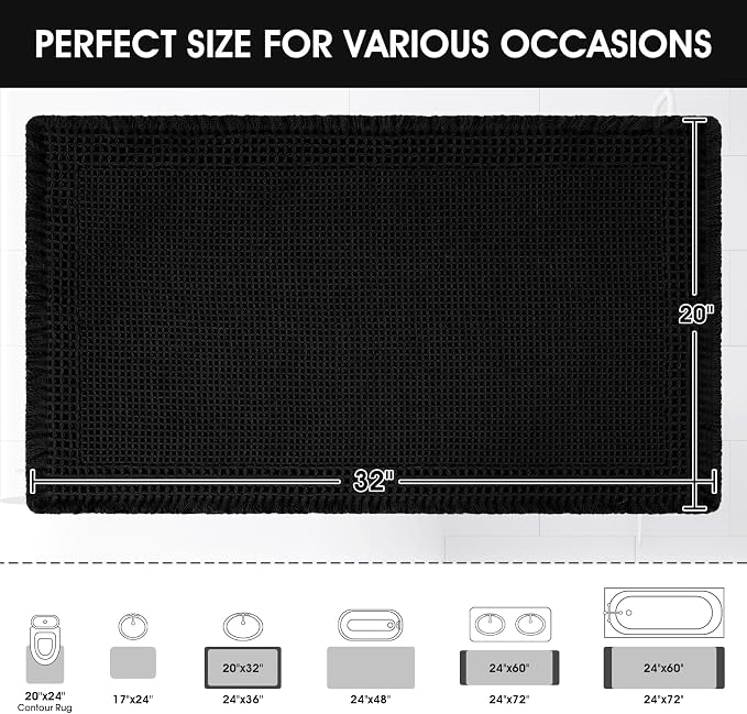 Upgraded Waffle Bath Mat, 32"x20" Black-Bordered, Super Absorbent Non-Slip Quick Dry Bathroom Rugs with Tassels, Machine Washable Ultra Soft Boho Bath Rugs for Floor, Toilet Mats Boho Farmhouse Decor
